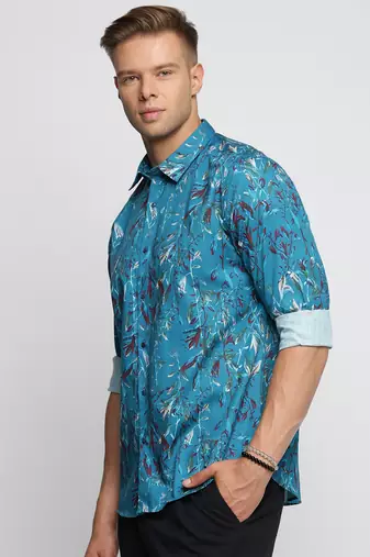 men's long sleeves floral teal shirt