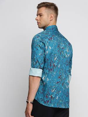 men's long sleeves floral teal shirt 4