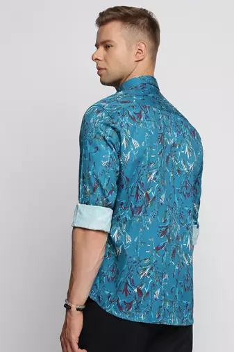 men's long sleeves floral teal shirt