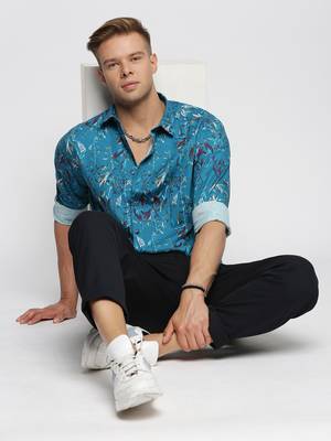 men's long sleeves floral teal shirt 5