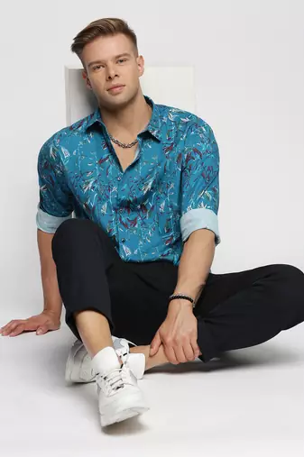 men's long sleeves floral teal shirt