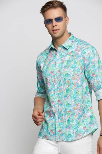 men's long sleeves abstract turquoise blue shirt