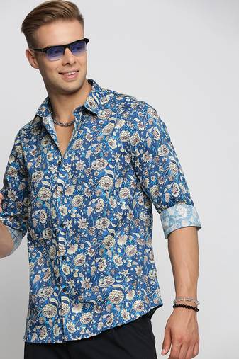 men's long sleeves floral blue shirt