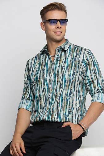 men's long sleeves multi stripes blue shirt