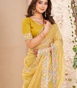 yellow embroidered saree with designer pallu for haldi ceremony 