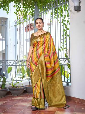 Rangkat Pattern Banarasi Mehendi Green & Yellow Saree With Unstitch Blouse Piece 1