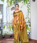 Rangkat Pattern Banarasi Mehendi Green & Yellow Saree With Unstitch Blouse Piece