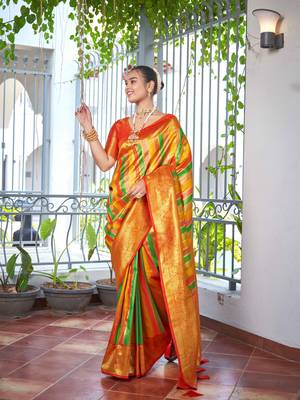 Rangkat Pattern Banarasi Red & Yellow Saree With Unstitch Blouse Piece 1