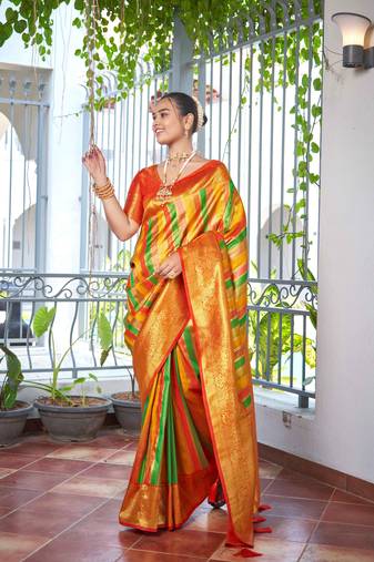 Rangkat Pattern Banarasi Red & Yellow Saree With Unstitch Blouse Piece