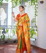 Rangkat Pattern Banarasi Red & Yellow Saree With Unstitch Blouse Piece