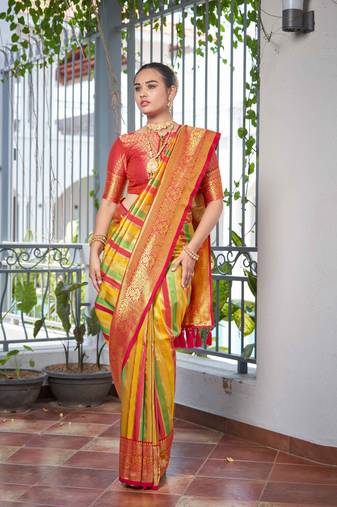 Rangkat Pattern Banarasi Pink & Yellow Saree With Unstitch Blouse Piece