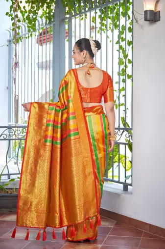 Rangkat Pattern Banarasi Red & Yellow Saree With Unstitch Blouse Piece