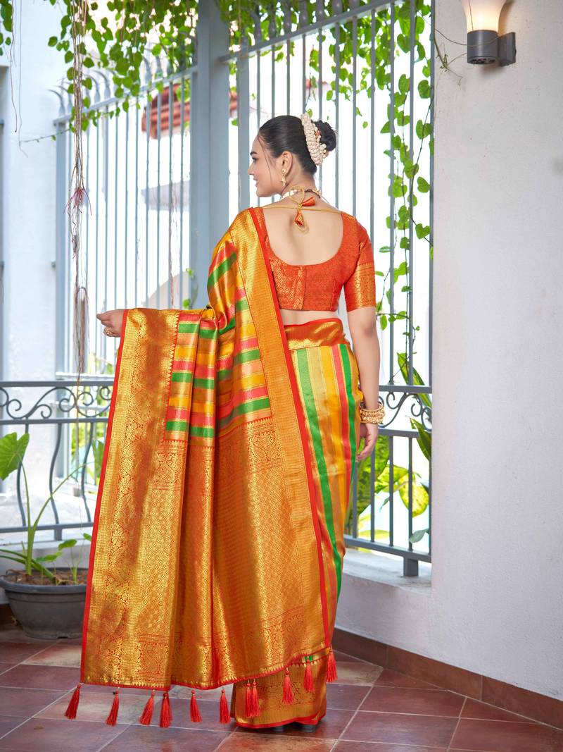 Rangkat Pattern Banarasi Red & Yellow Saree With Unstitch Blouse Piece