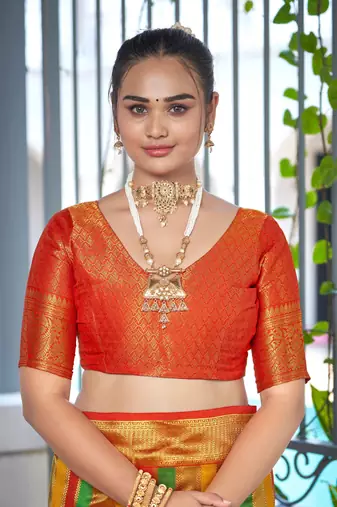 Rangkat Pattern Banarasi Red & Yellow Saree With Unstitch Blouse Piece