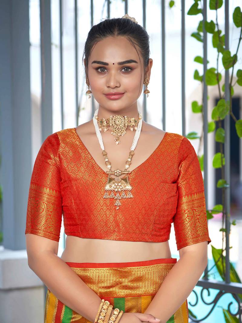 Rangkat Pattern Banarasi Red & Yellow Saree With Unstitch Blouse Piece