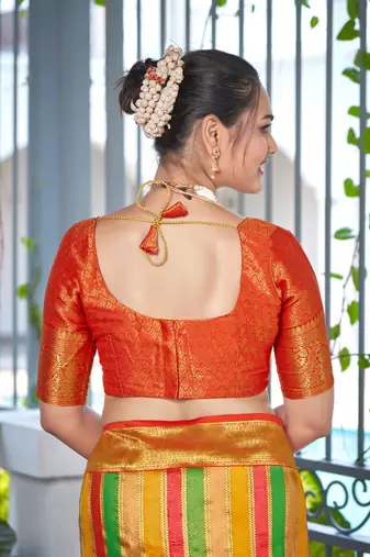 Rangkat Pattern Banarasi Red & Yellow Saree With Unstitch Blouse Piece