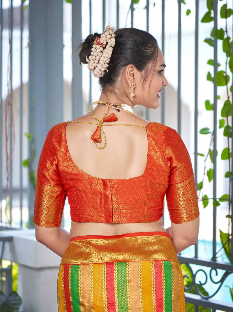 Rangkat Pattern Banarasi Red & Yellow Saree With Unstitch Blouse Piece