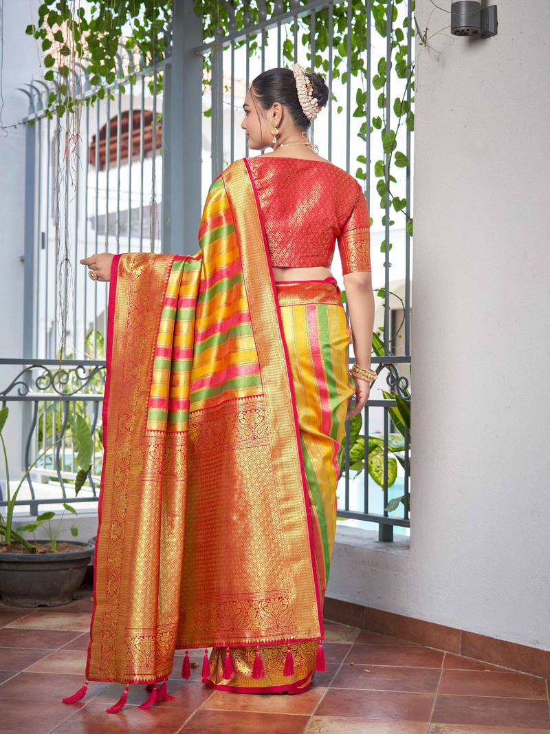 Rangkat Pattern Banarasi Pink & Yellow Saree With Unstitch Blouse Piece