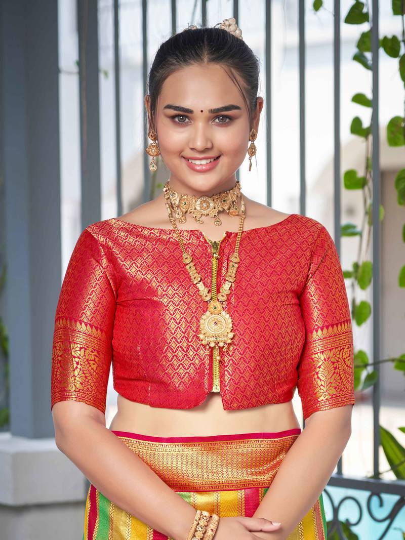 Rangkat Pattern Banarasi Pink & Yellow Saree With Unstitch Blouse Piece