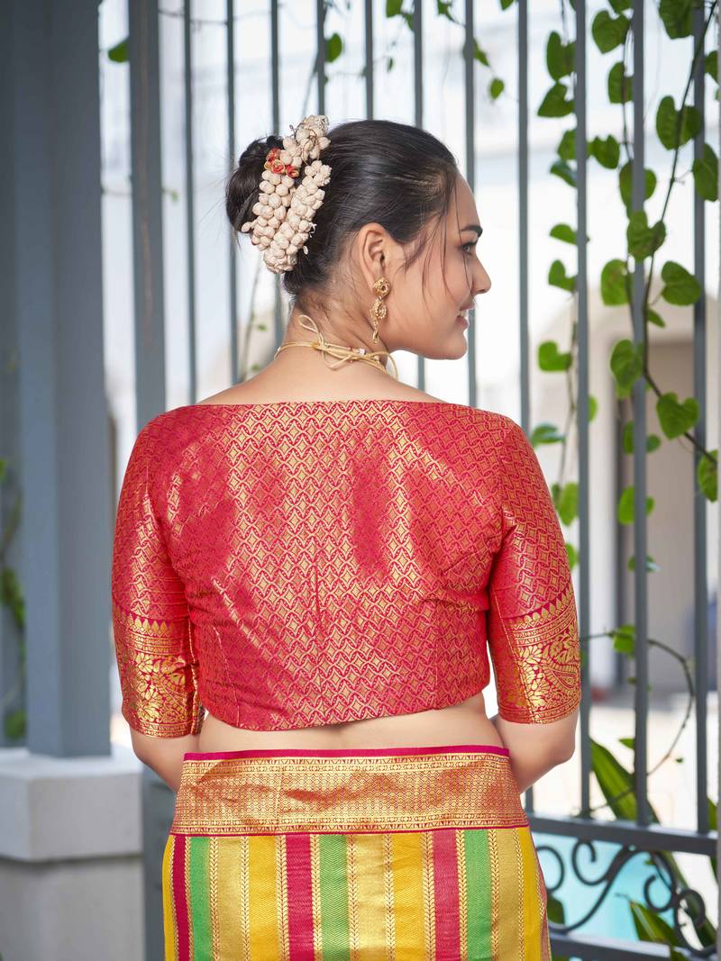 Rangkat Pattern Banarasi Pink & Yellow Saree With Unstitch Blouse Piece