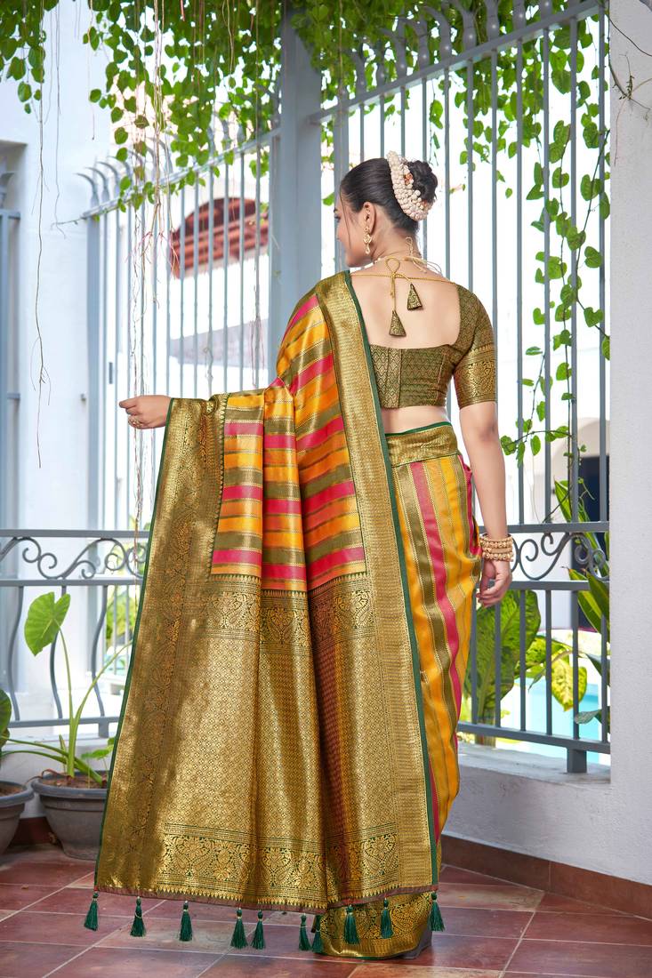 Rangkat Pattern Banarasi Mehendi Green & Yellow Saree With Unstitch Blouse Piece