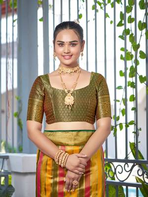 Rangkat Pattern Banarasi Mehendi Green & Yellow Saree With Unstitch Blouse Piece 3
