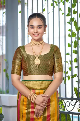 Rangkat Pattern Banarasi Mehendi Green & Yellow Saree With Unstitch Blouse Piece