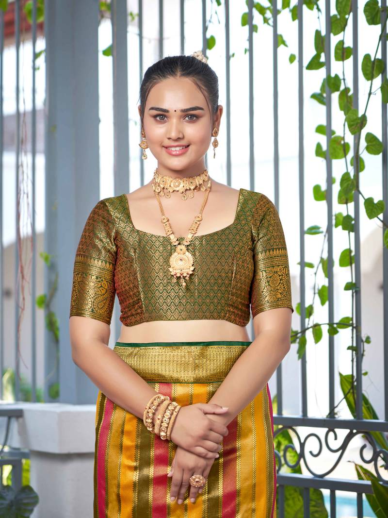 Rangkat Pattern Banarasi Mehendi Green & Yellow Saree With Unstitch Blouse Piece