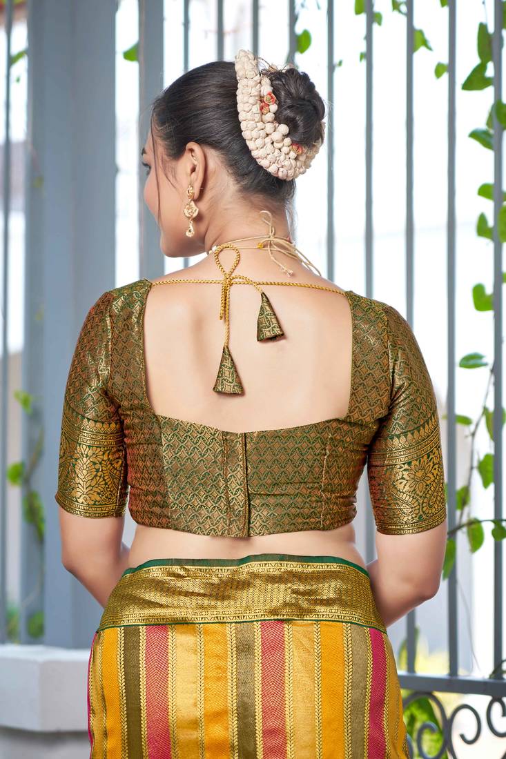 Rangkat Pattern Banarasi Mehendi Green & Yellow Saree With Unstitch Blouse Piece