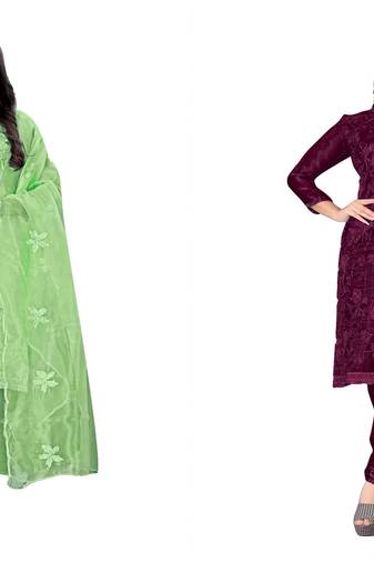 Manvaa Women'S stylish Lightgreen And Megenta Color Unstitched Organza Combo Dress Material 