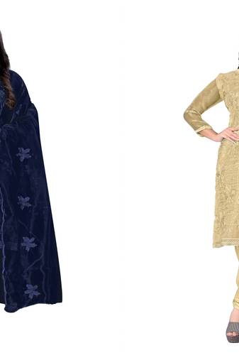 Manvaa Women'S AWSOME Beige And Blue Color Unstitched Organza Combo Dress Material 