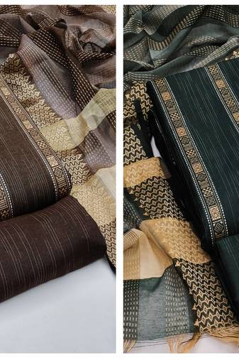 Manvaa Women'S lovely Brown And Green Color Unstitched Designer Weaving Cotton Combo Dress Material 