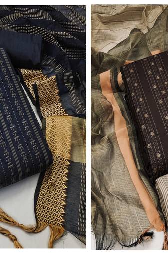 Manvaa Women'S AMAZING Blue And Brown Color Unstitched Designer Weaving Cotton Combo Dress Material 