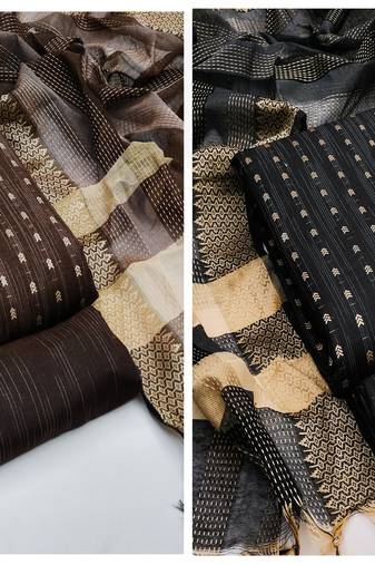 Manvaa Women'S EXCLUSIVE Black And Brown Color Unstitched Designer Weaving Cotton Combo Dress Material 