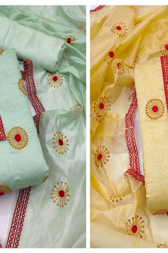 Manvaa Women'S modish Sea Green And Yellow Color Unstitched Heavy Thread Work Combo Dress Material 
