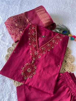 Pink hand work with roman silk straight kurti pant set 1