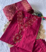 Pink hand work with roman silk straight kurti pant set