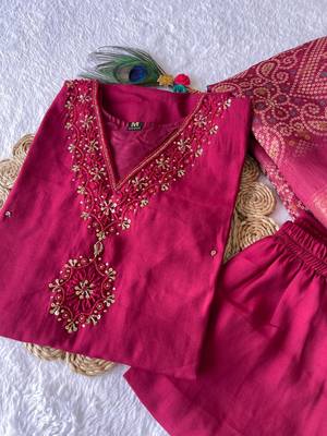 Pink hand work with roman silk straight kurti pant set 2