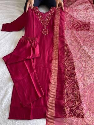Pink hand work with roman silk straight kurti pant set 3