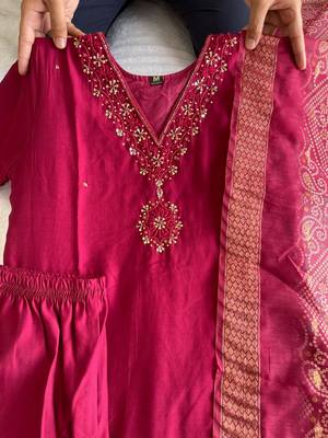 Pink hand work with roman silk straight kurti pant set 4