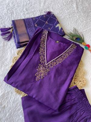 Purple hand work with roman silk straight kurti pant set 1