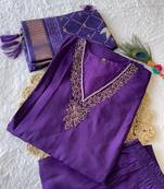 Purple hand work with roman silk straight kurti pant set