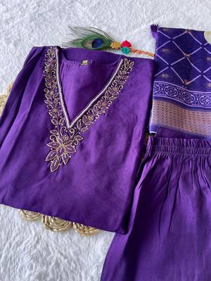 Purple hand work with roman silk straight kurti pant set 2