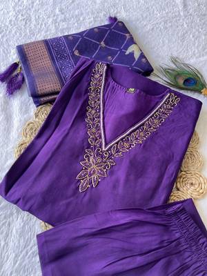 Purple hand work with roman silk straight kurti pant set 3