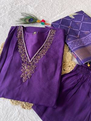 Purple hand work with roman silk straight kurti pant set 4