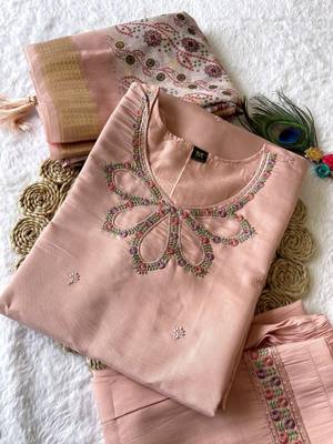 Peach hand work with roman silk straight kurti pant set 1