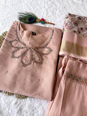 Peach hand work with roman silk straight kurti pant set 2