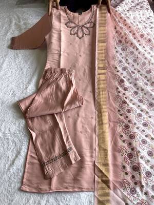 Peach hand work with roman silk straight kurti pant set 3
