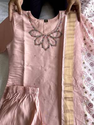 Peach hand work with roman silk straight kurti pant set 4