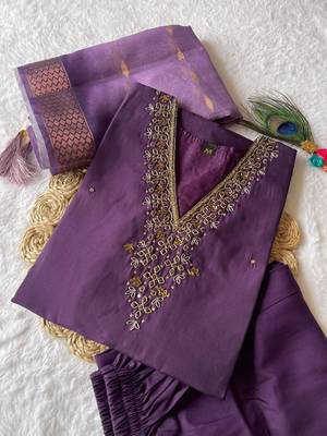 Purple hand work with roman silk straight kurti pant set 1